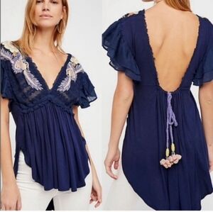 Free People Fiesta Nueva Tunic Top Embroidered Open-Back Blue Size XS